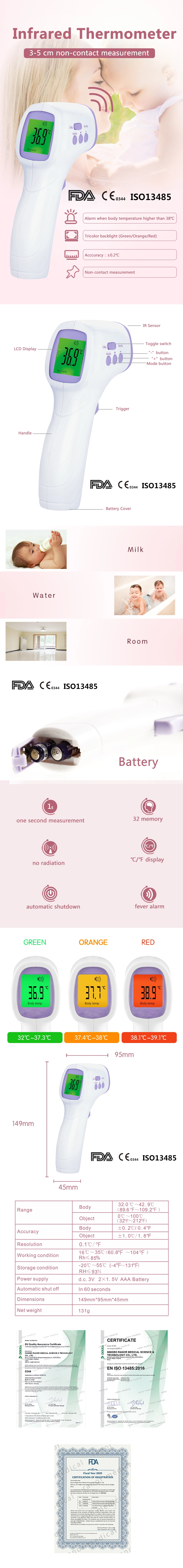 OEM Factory Medical Equipment Supply Three Back Light CE (MDR) FDA ISO Approved Medical Non-Contact Digital Infrared Thermometer